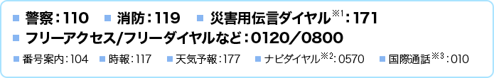 警察：110、消防：119、災害用伝言ダイヤル（※1）：171、フリーアクセス/フリーダイヤルなど：0120/0800、番号案内：104、時報：117、天気予報：177、ナビダイヤル（※2）：0570、国際通話（※3）：010